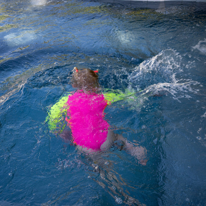 UPF 50+ Neon Pink Color Block Girls One Piece Long Sleeve Swimsuit