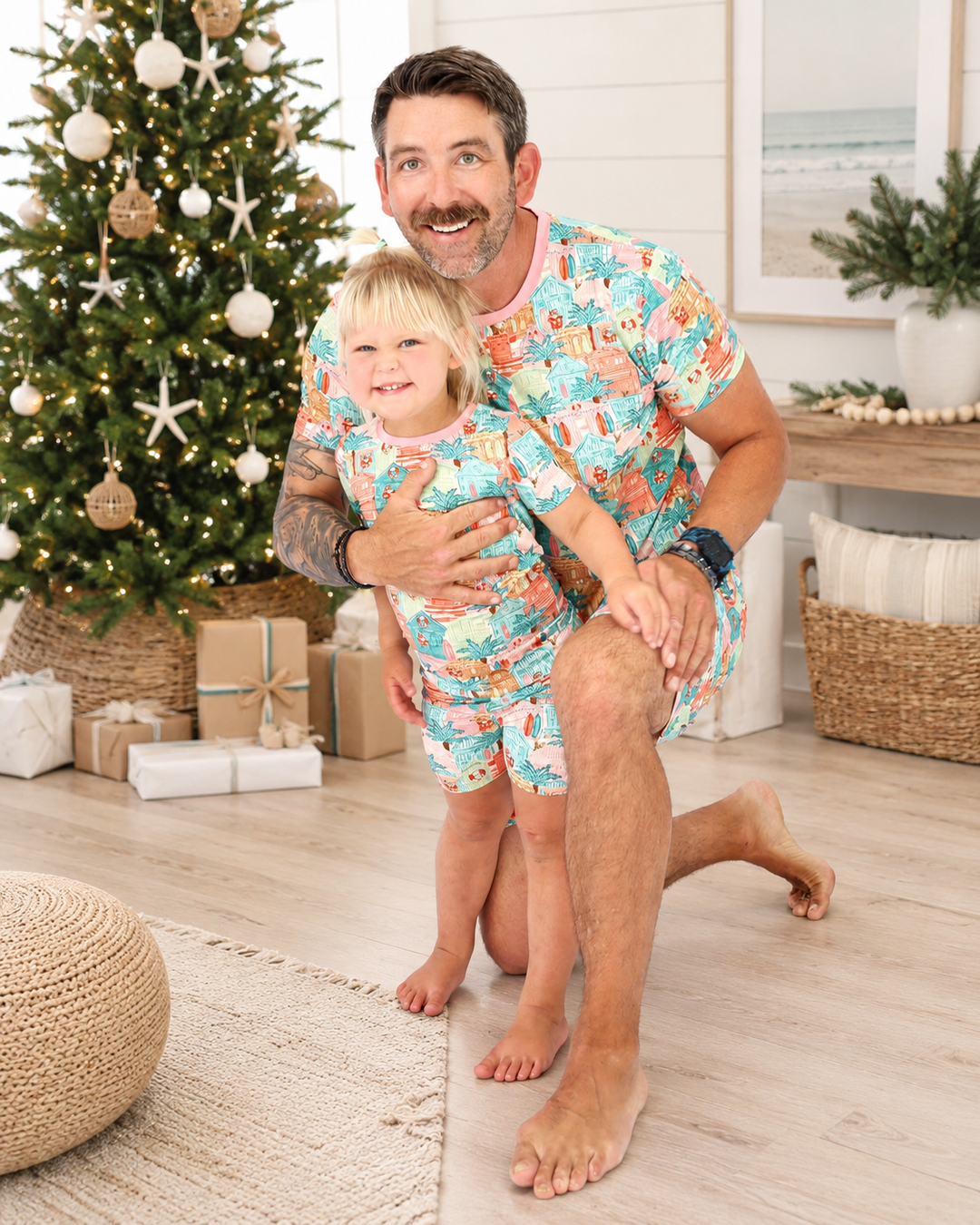 Pink Beach Huts Coastal Christmas Men’s Short Pajama Set