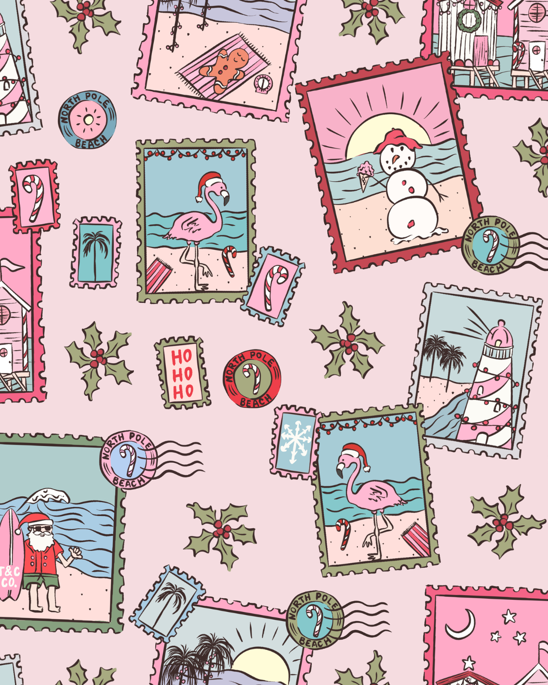 Pink Coastal Postcards Christmas Kids Unisex Button Down Pajama Set