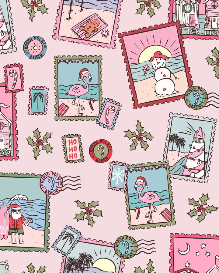Pink Coastal Postcards Christmas Kids Unisex Button Down Pajama Set
