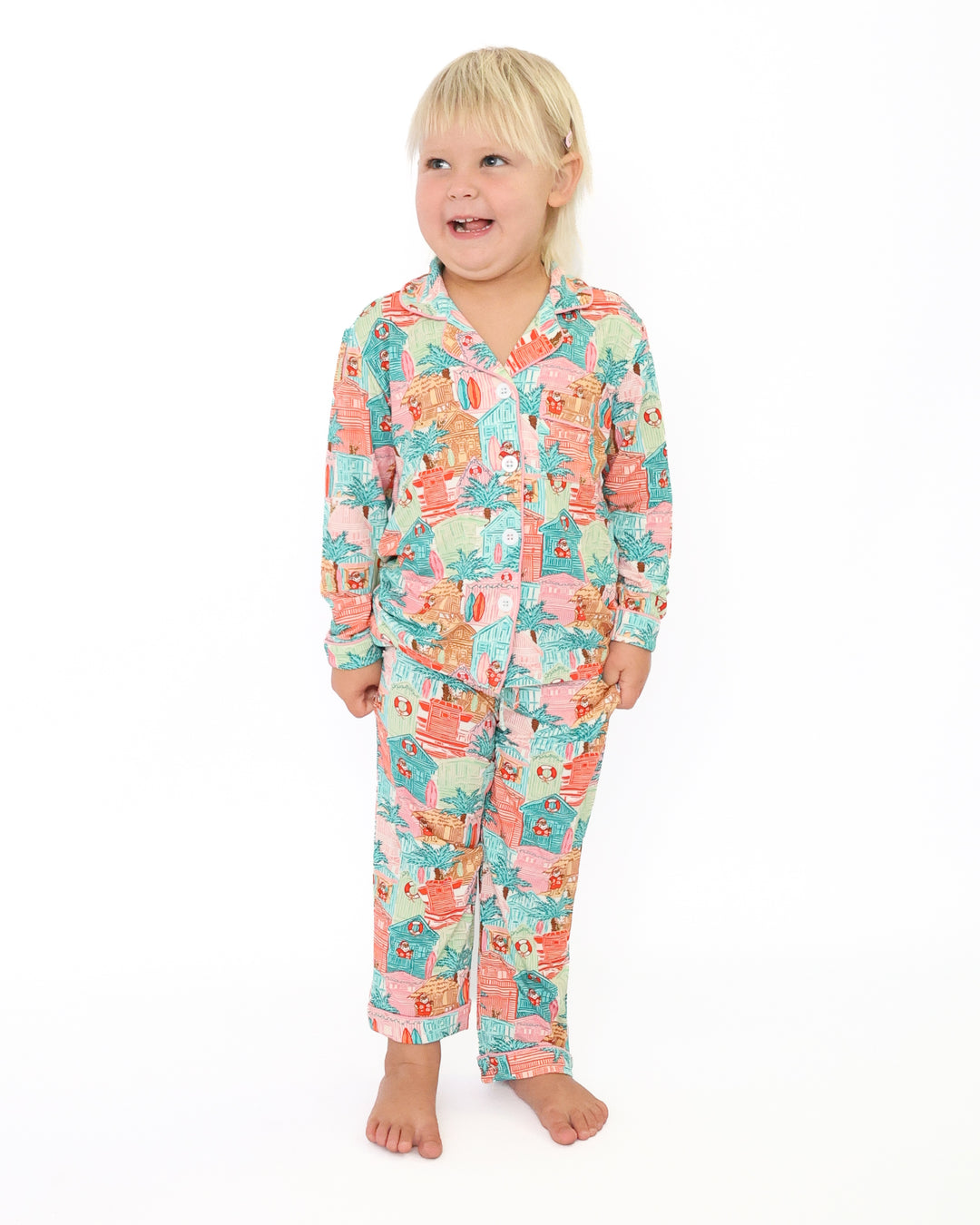 Pink Beach Huts Coastal Christmas Kids Unisex Button Down Pajama Set