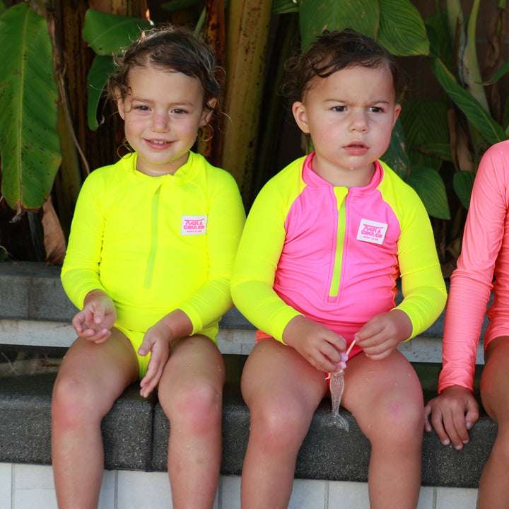 UPF 50+ Neon Yellow Girls One Piece Long Sleeve Swimsuit