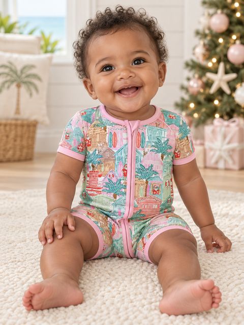 Pink Beach Huts Baby Shortie Pajamas