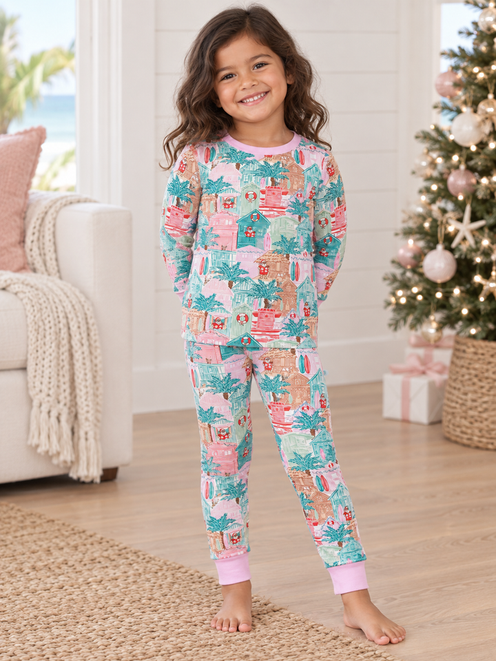 Pink Beach Huts Kids Pajama Set