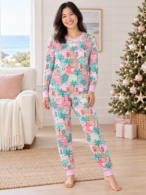 Pink Beach Huts Adult Unisex Jogger Pajama Set