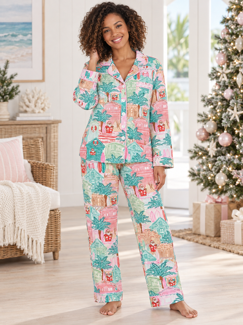 Pink Beach Huts Adult Unisex Button-Down Pajama Set