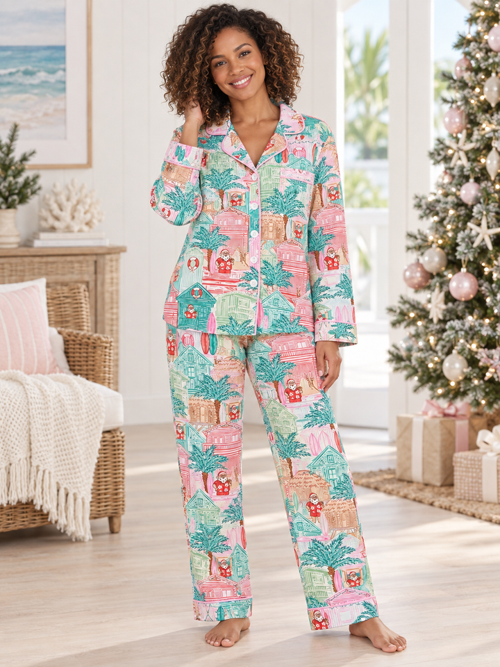 Pink Beach Huts Adult Unisex Button-Down Pajama Set