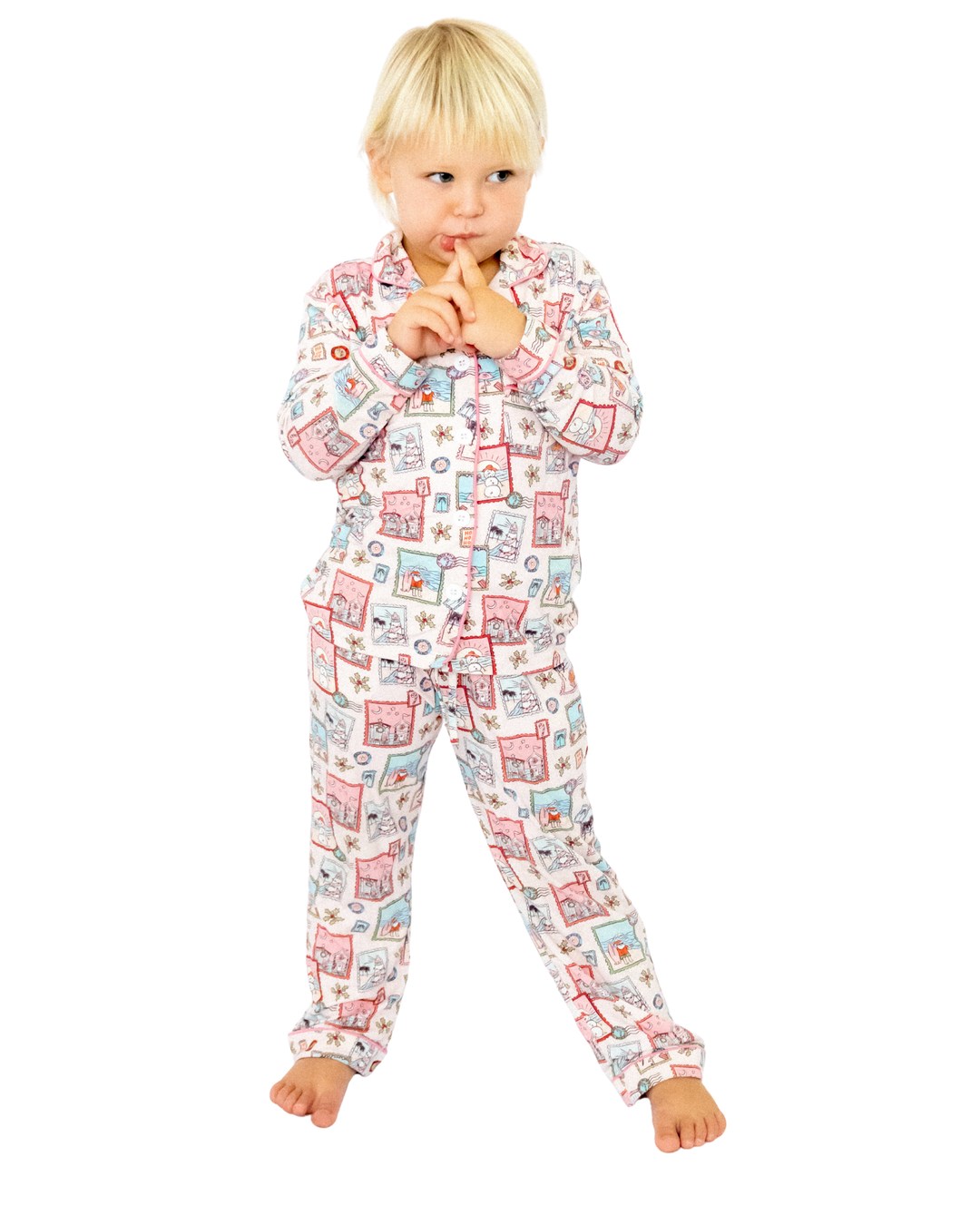 Pink Coastal Postcards Christmas Kids Unisex Button Down Pajama Set