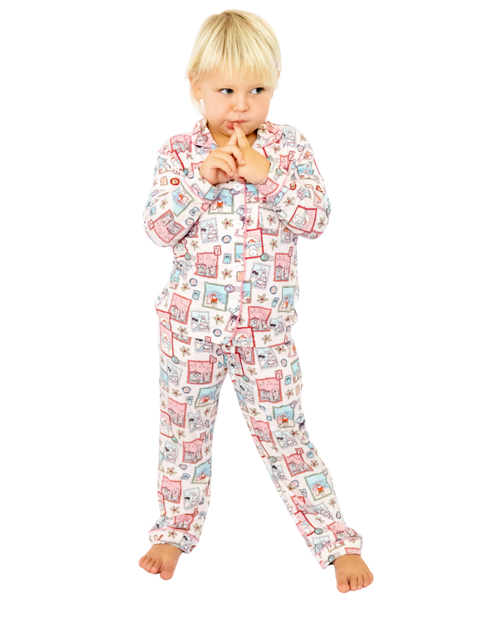 Pink Coastal Postcards Christmas Kids Unisex Button Down Pajama Set