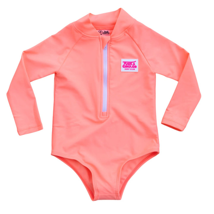 UPF 50+ Neon Coral Girls One Piece Long Sleeve Swimsuit