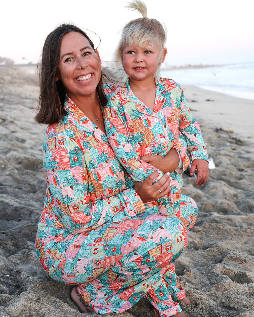 Pink Beach Huts Coastal Christmas Kids Unisex Button Down Pajama Set