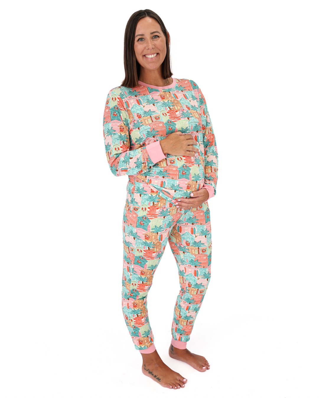 Pink Beach Huts Coastal Christmas Adult Unisex Jogger Pajama Set