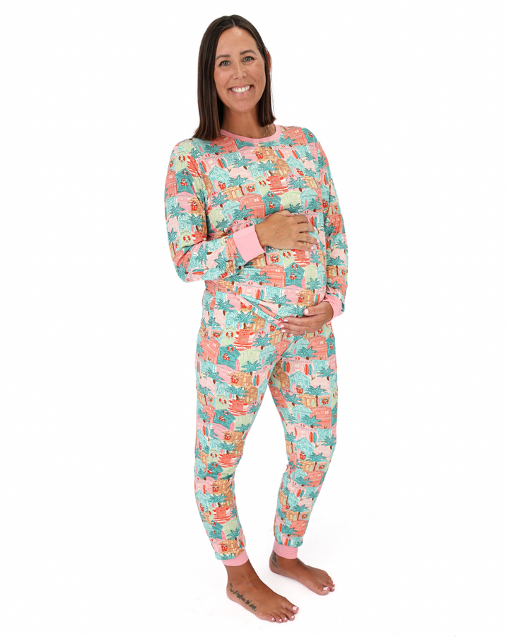 Pink Beach Huts Coastal Christmas Adult Unisex Jogger Pajama Set