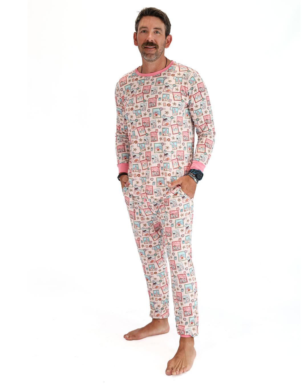 Pink Coastal Postcards Christmas Adult Unisex Jogger Pajama Set