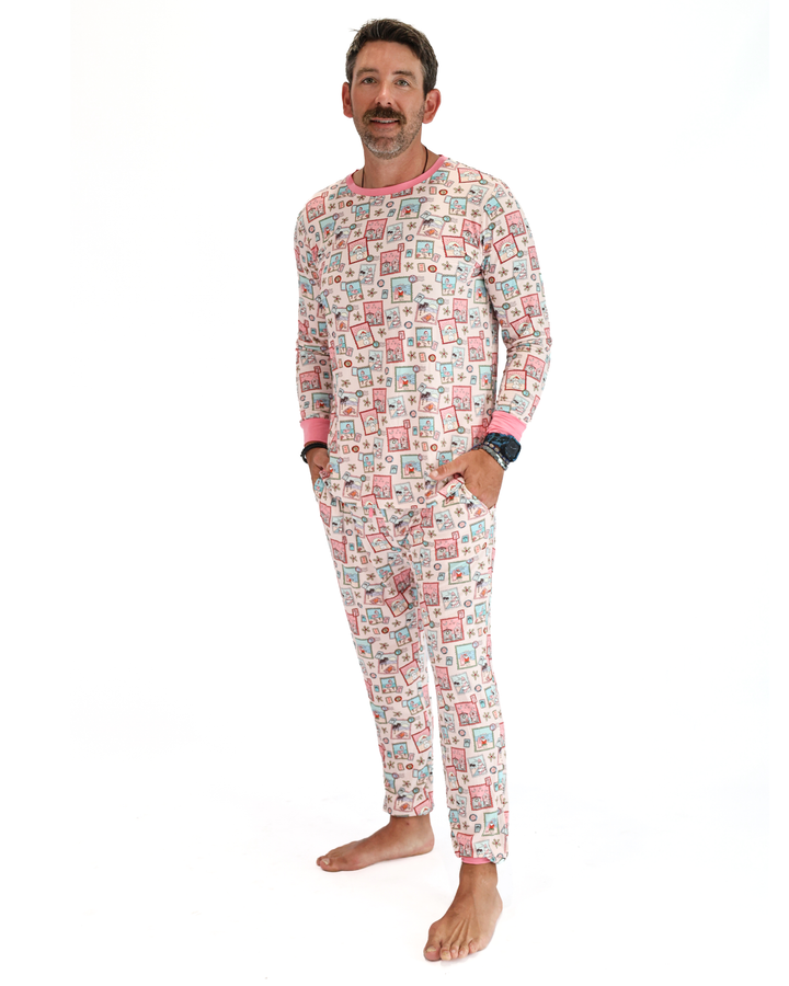Pink Coastal Postcards Christmas Adult Unisex Jogger Pajama Set