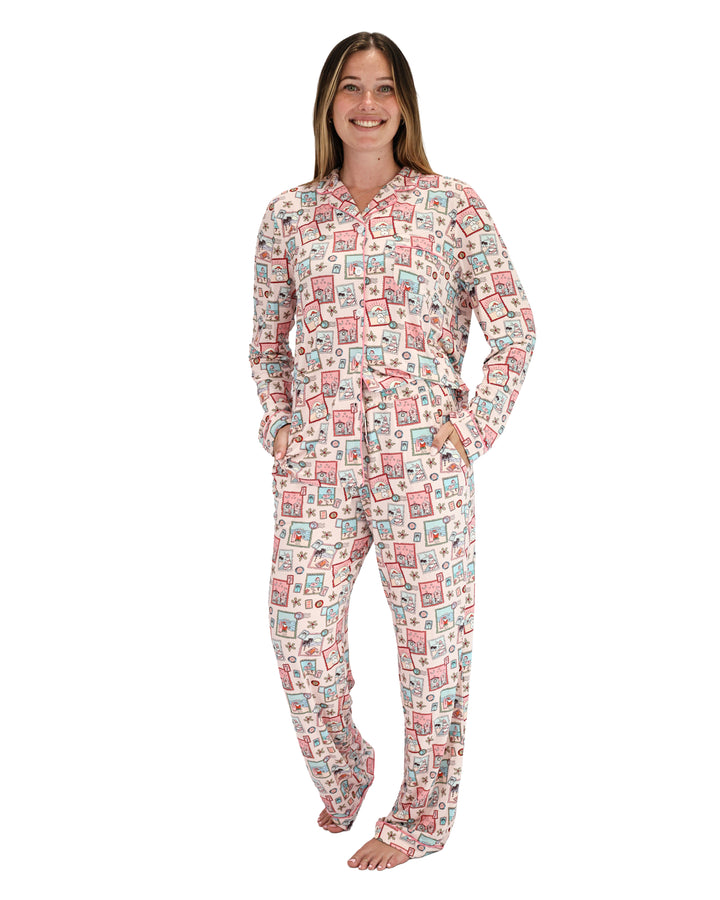 Pink Coastal Postcards Christmas Adult Unisex Button-Down Pajama Set