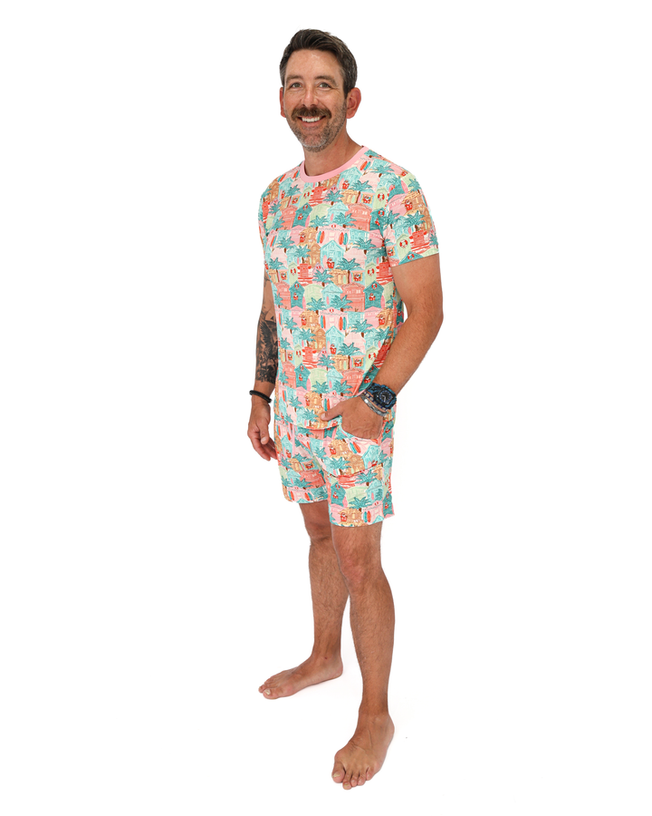 Pink Beach Huts Coastal Christmas Men’s Short Pajama Set