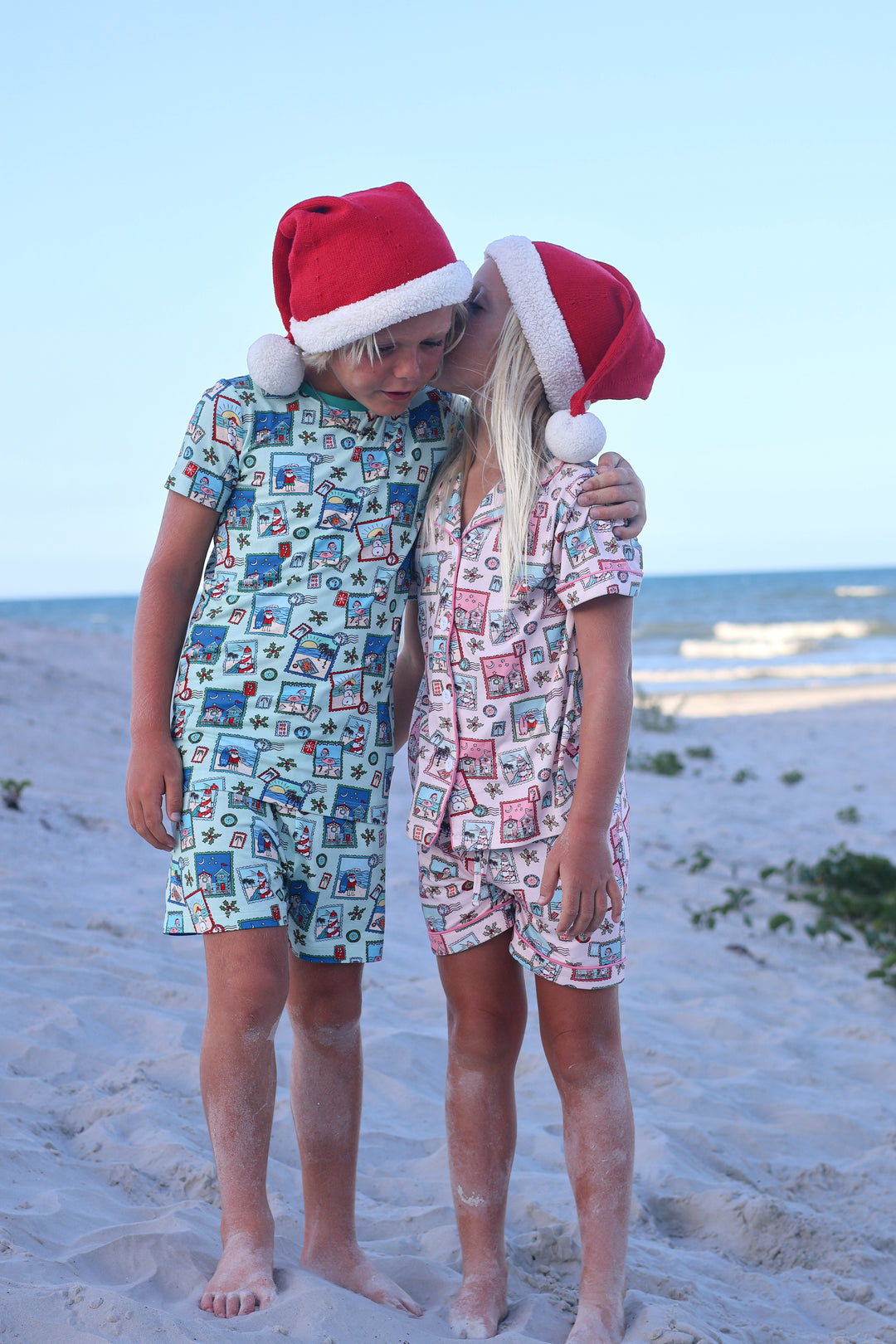Pink Coastal Postcards Christmas Girls Button Down Short Pajama Set