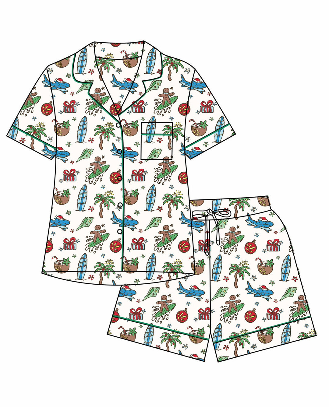 Merry Reef Coastal Christmas Girls Button Down Short Pajama Set