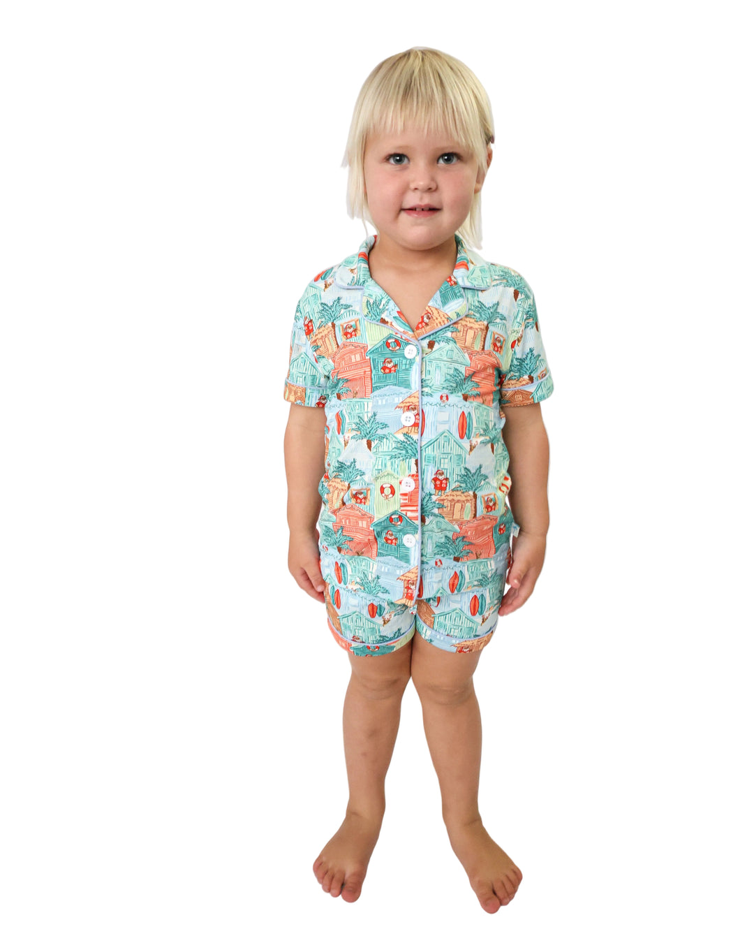 Blue Beach Huts Coastal Christmas Girls Button Down Short Pajama Set