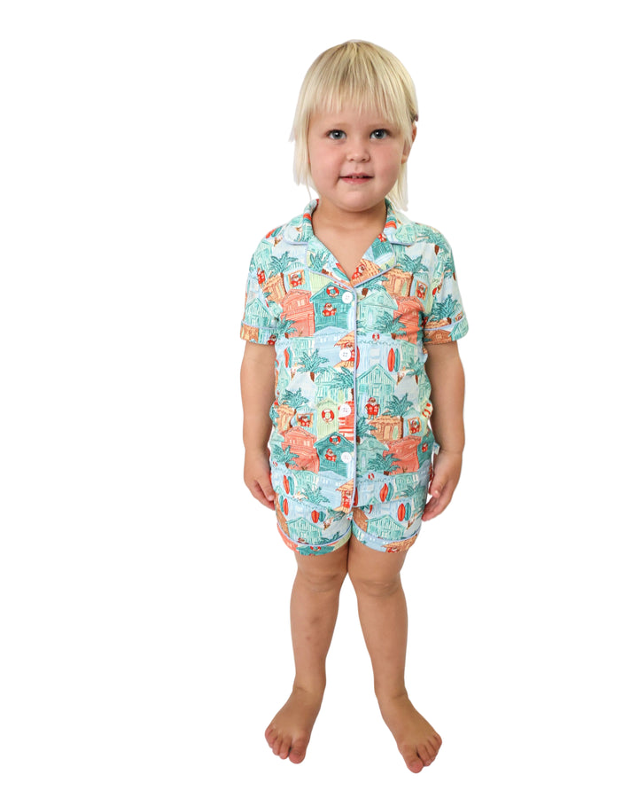 Blue Beach Huts Coastal Christmas Girls Button Down Short Pajama Set