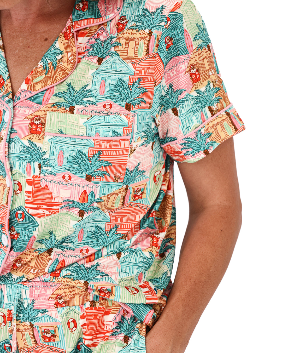 Pink Beach Huts Coastal Christmas Women’s Button-Up Short Pajama Set
