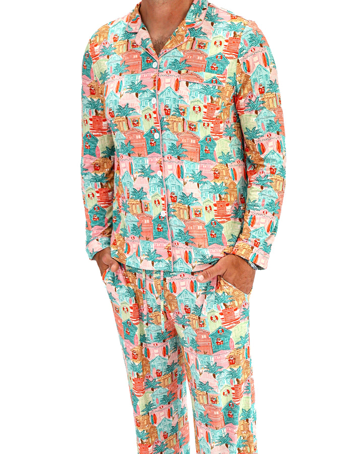 Pink Beach Huts Coastal Christmas Adult Unisex Button-Down Pajama Set