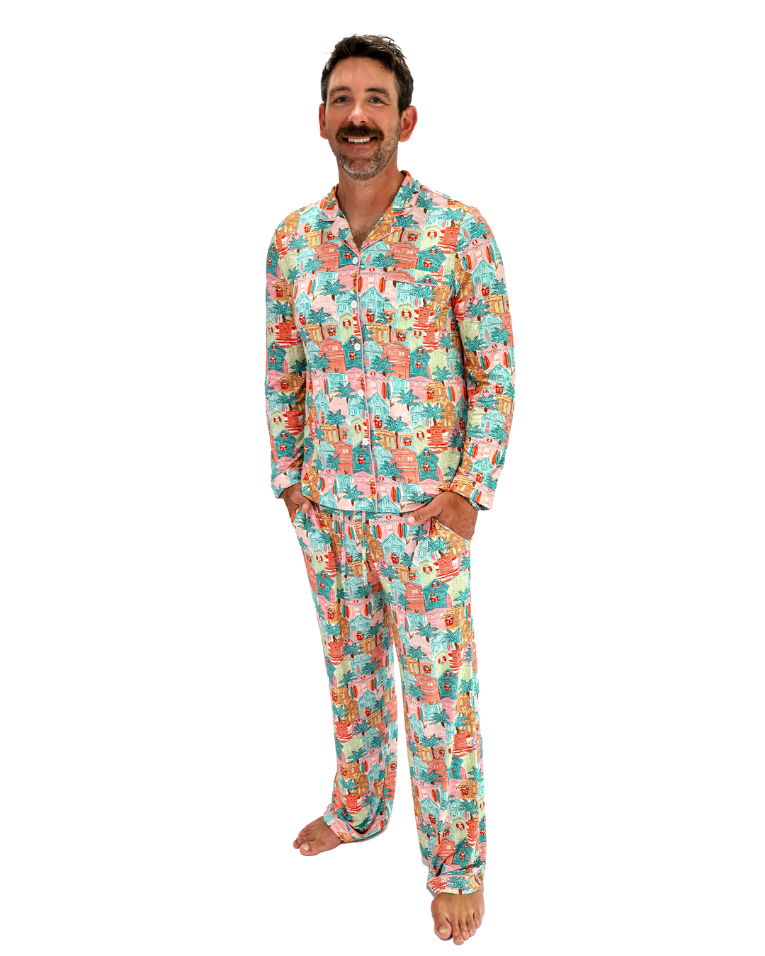 Pink Beach Huts Coastal Christmas Adult Unisex Button-Down Pajama Set