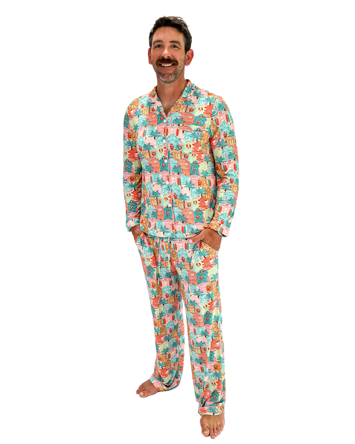Pink Beach Huts Coastal Christmas Adult Unisex Button-Down Pajama Set