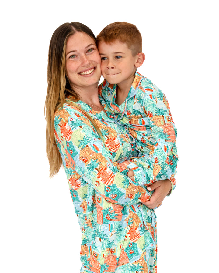 Blue Beach Huts Coastal Christmas Adult Unisex Button-Down Pajama Set