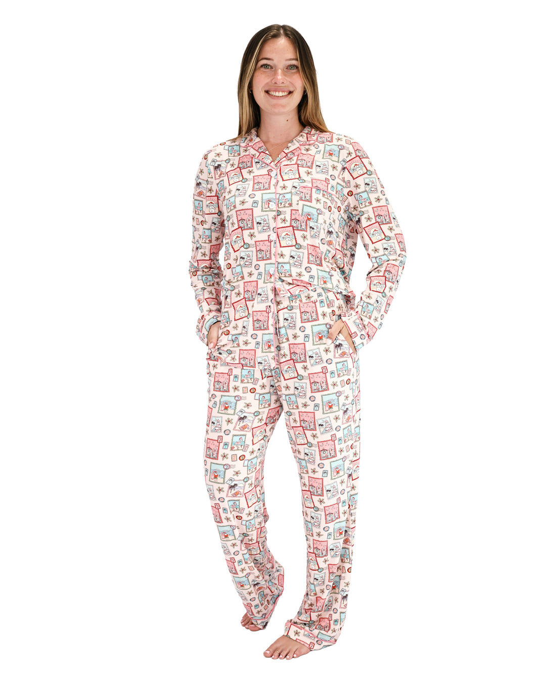 Pink Coastal Postcards Christmas Adult Unisex Button-Down Pajama Set