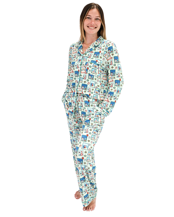 Green Coastal Postcards Christmas Adult Unisex Button-Down Pajama Set