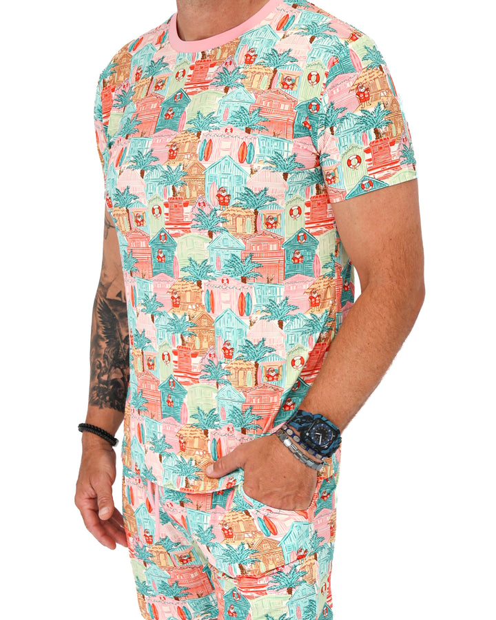 Pink Beach Huts Coastal Christmas Men’s Short Pajama Set