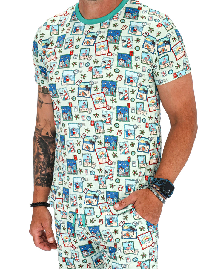 Green Coastal Postcards Christmas Men’s Short Pajama Set
