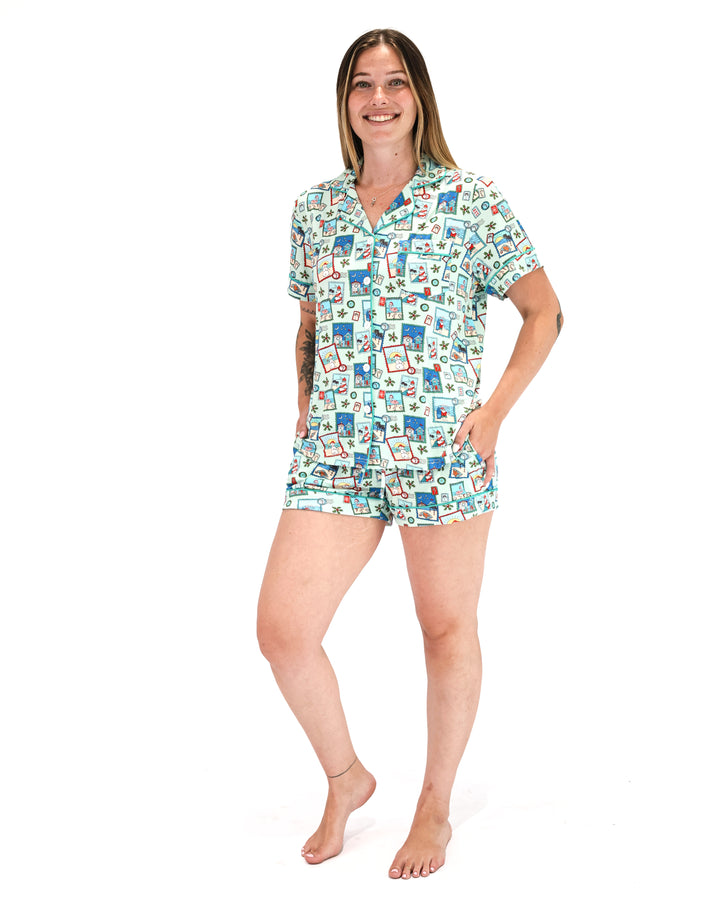 Green Coastal Postcards Christmas Women’s Button-Up Short Pajama Set