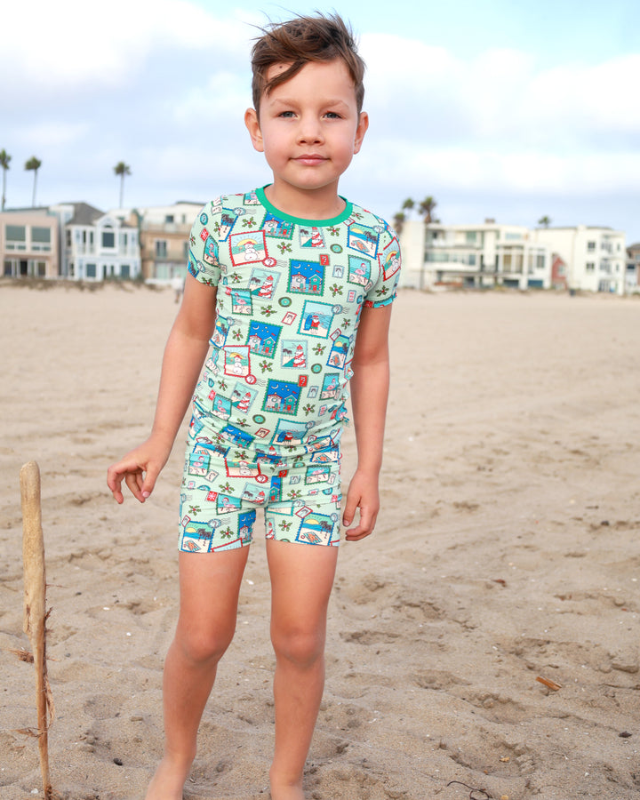Green Coastal Postcards Christmas Kids Short Pajama Set