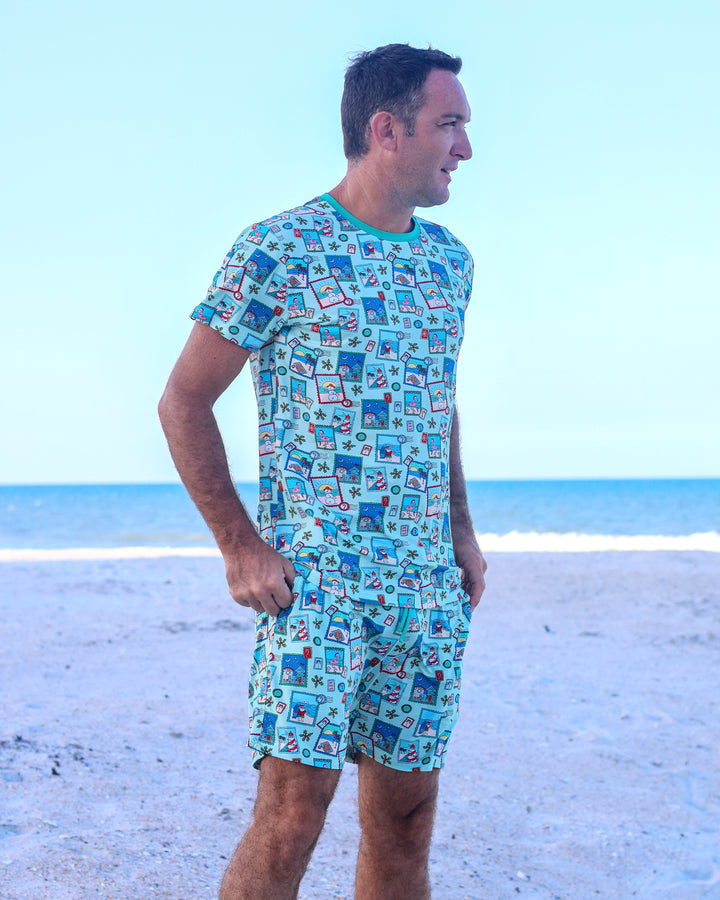 Green Coastal Postcards Christmas Men’s Short Pajama Set