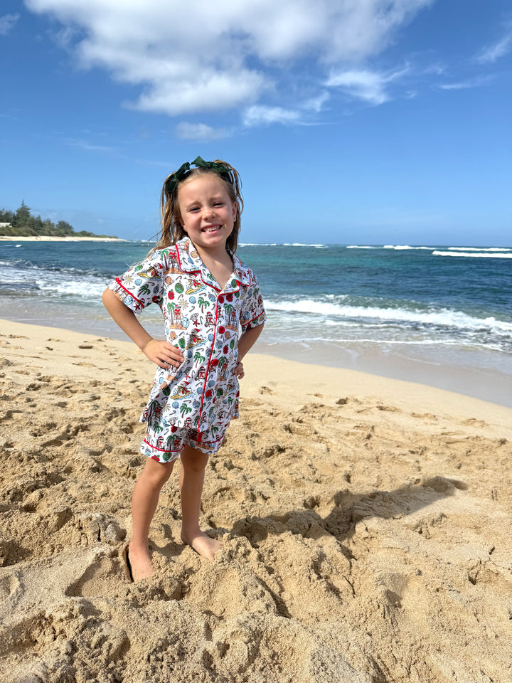 Jolly Waves Coastal Christmas Girls Button Down Short Pajama Set