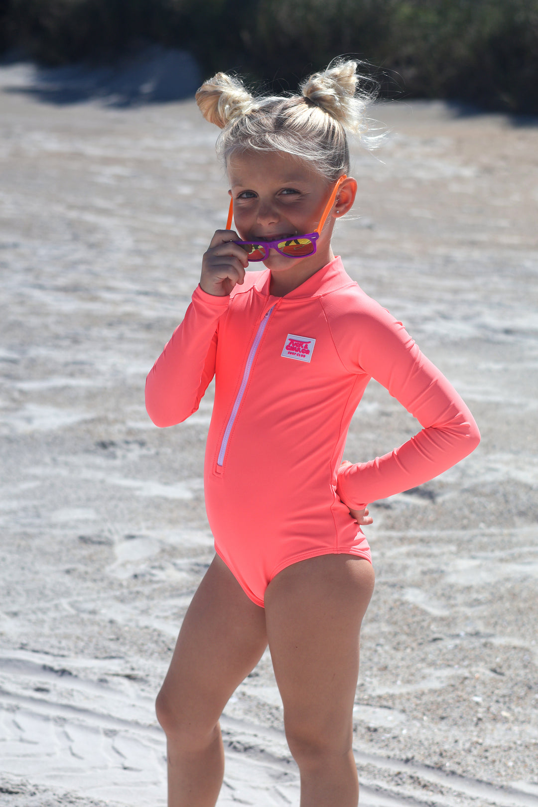 UPF 50+ Neon Coral Girls One Piece Long Sleeve Swimsuit