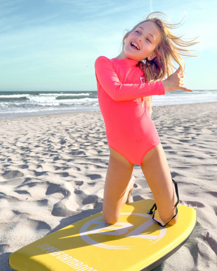 UPF 50+ Neon Coral Girls One Piece Long Sleeve Swimsuit