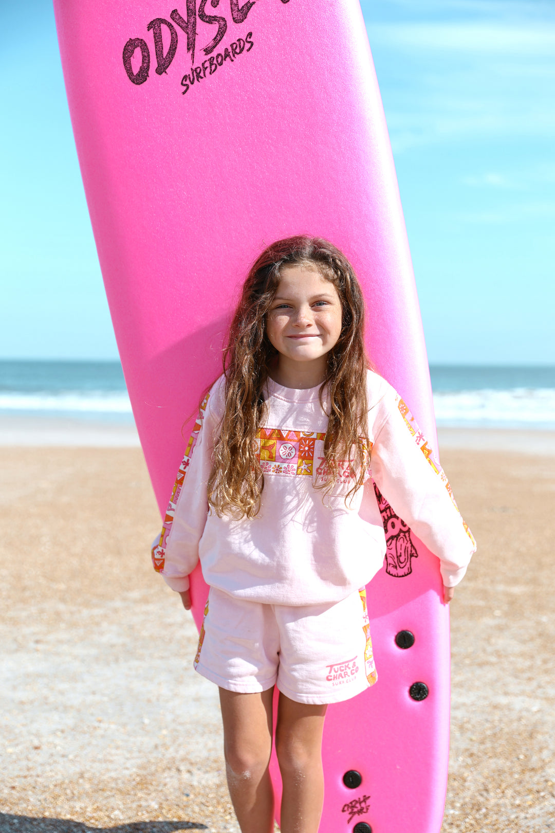 Girls Retro Coastal Surf Club Crewneck- Pink