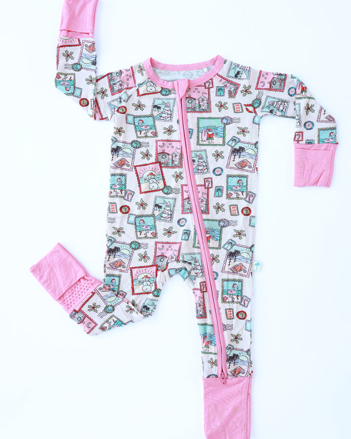Pink Coastal Postcards Christmas Baby Zippy Pajamas