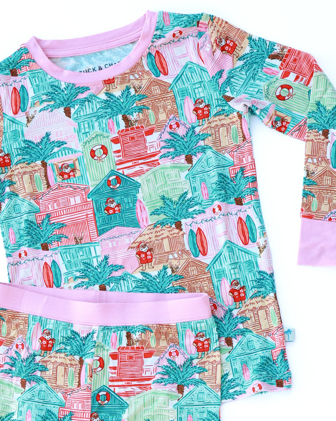 Pink Beach Huts Coastal Christmas Kids Pajama Set