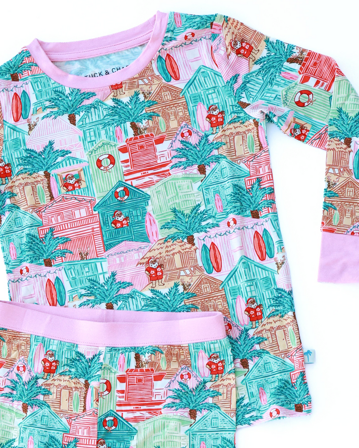 Pink Beach Huts Coastal Christmas Kids Pajama Set