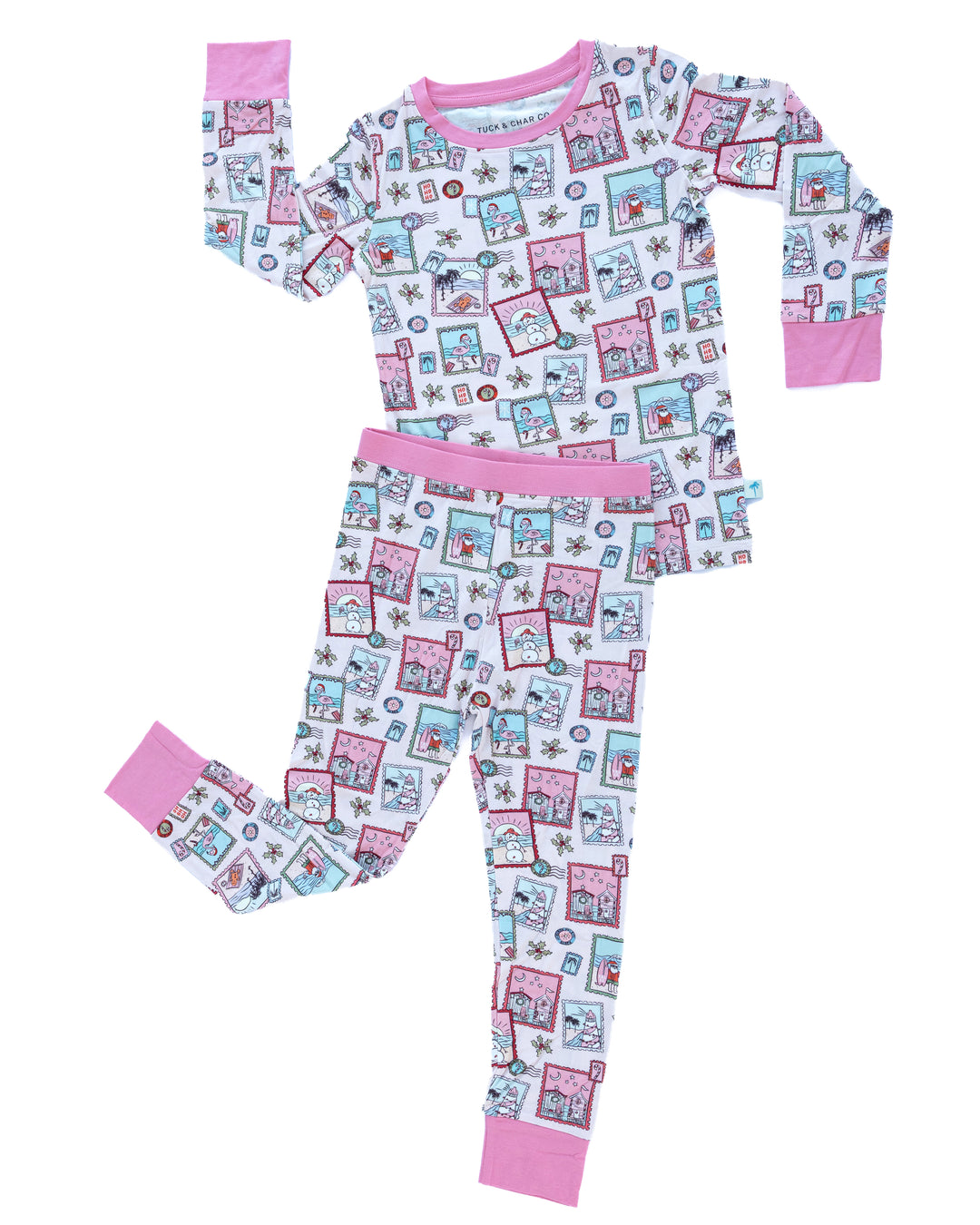 Pink Coastal Postcards Christmas Kids Pajama Set