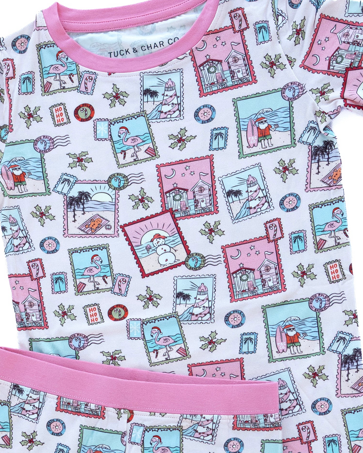 Pink Coastal Postcards Christmas Kids Pajama Set
