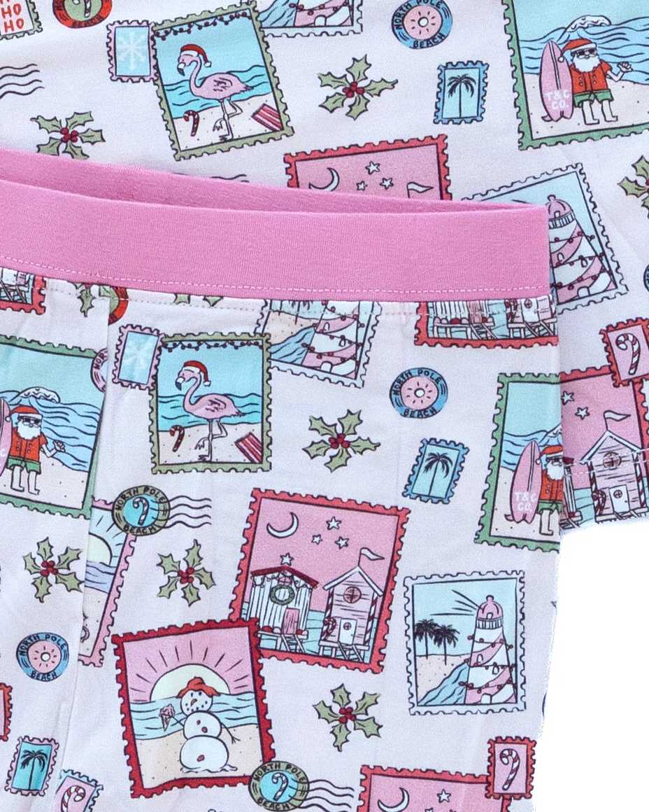Pink Coastal Postcards Christmas Kids Pajama Set