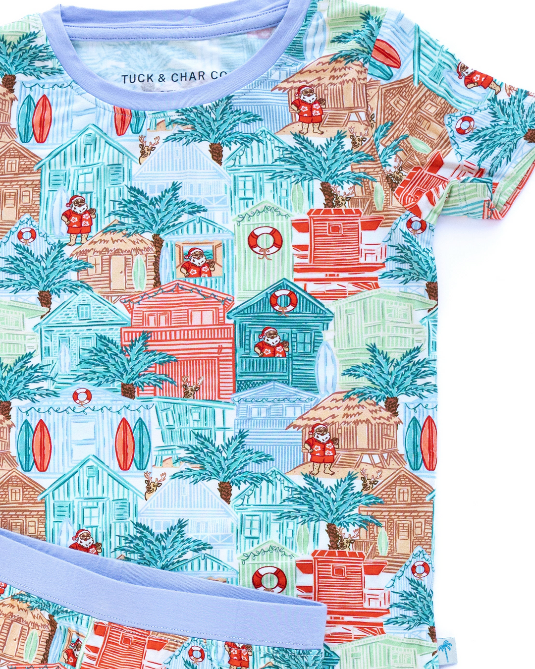 Blue Beach Huts Coastal Christmas Kids Short Pajama Set