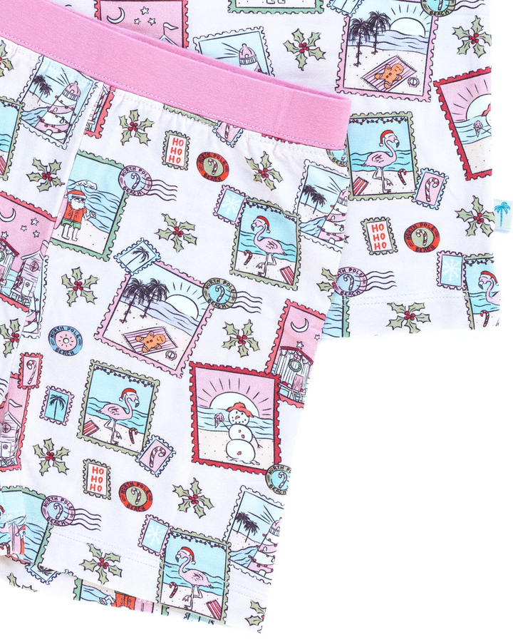 Pink Coastal Postcards Christmas Kids Short Pajama Set