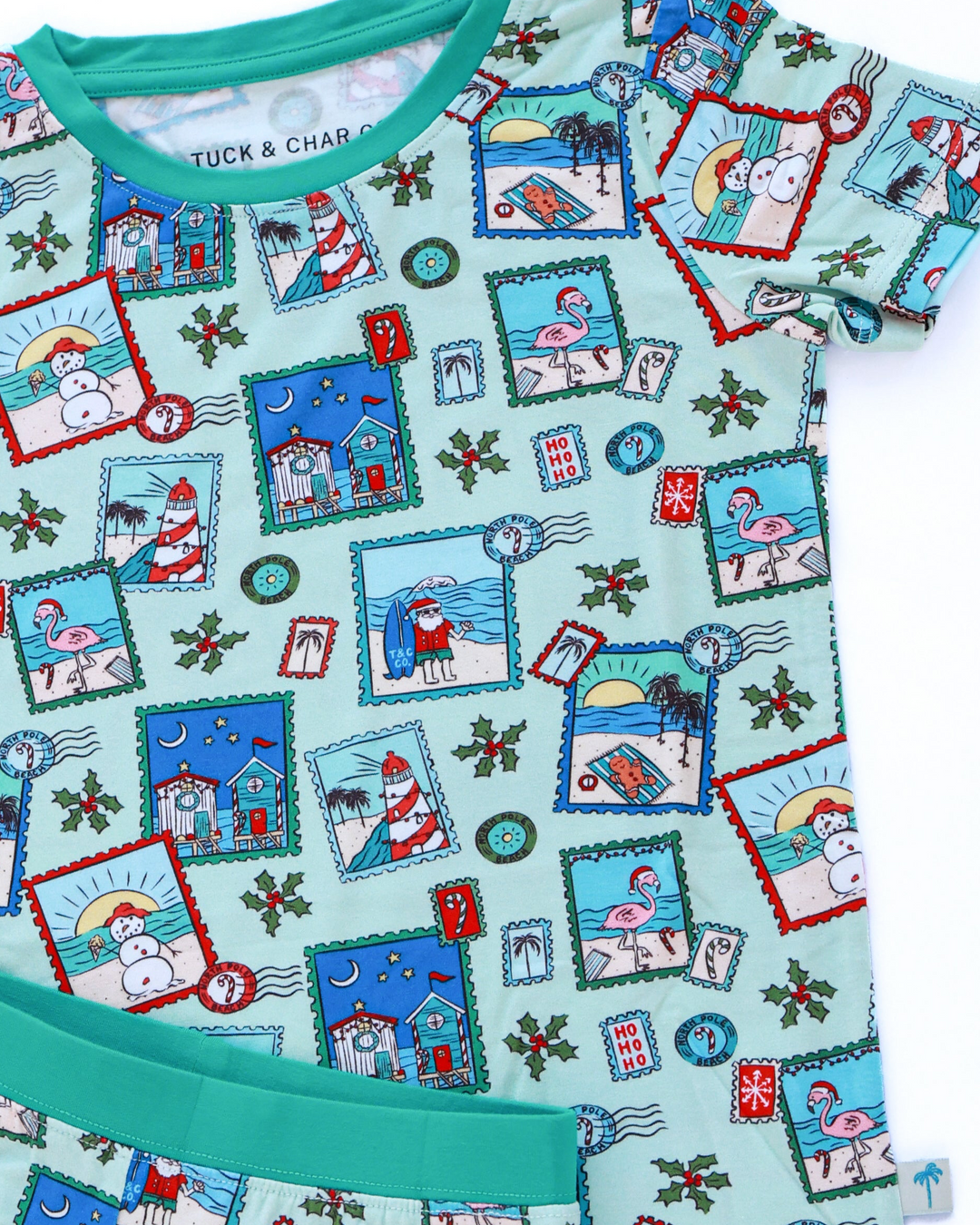 Green Coastal Postcards Christmas Kids Short Pajama Set